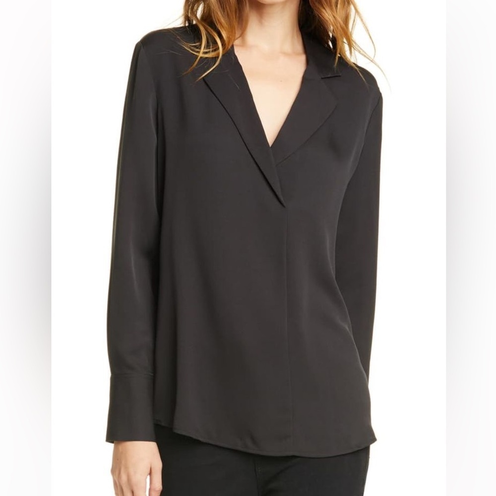 Frame Fitted Notch Collar Silk Black Blouse - Picture 1 of 6